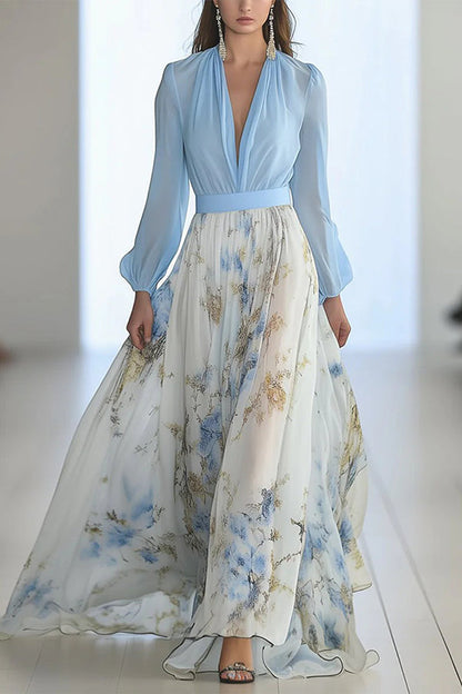 Plant Print V-neck Long Sleeve Elegant Stitching Maxi Dress