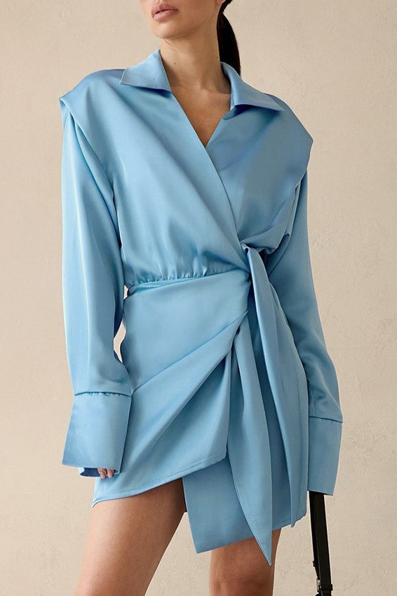 Collared Wrap Tie Waist Padded Shoulder Wide Cuff Satin Mini Dress