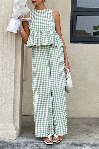 Plaid Ruffle Hem Round Neck Sleeveless Skirt Set
