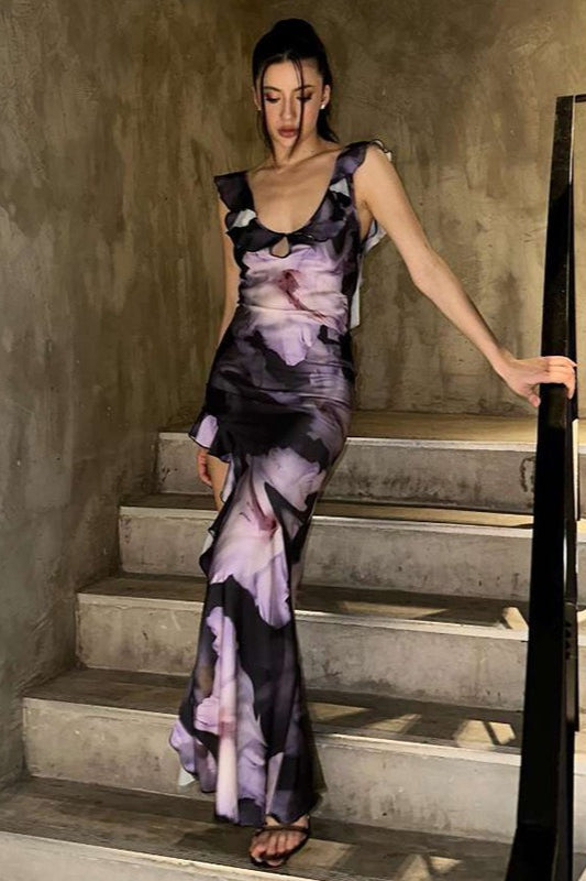 Scoop Neck Ruffle Strap Keyhole Abstract Floral High Slit Maxi Dress