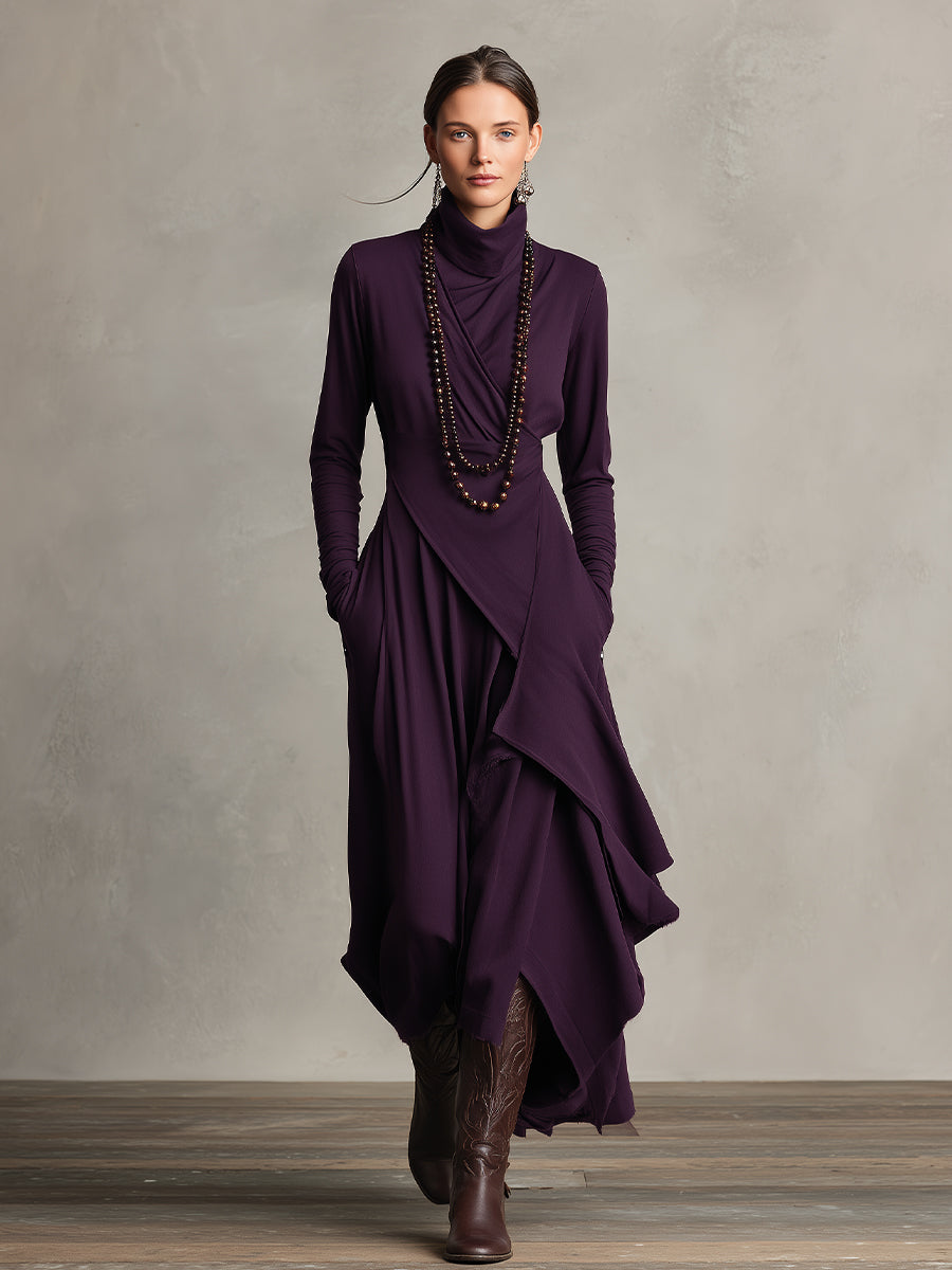 Turtleneck Wrap Front Draped Asymmetrical Hem Knit Pocket Maxi Dress
