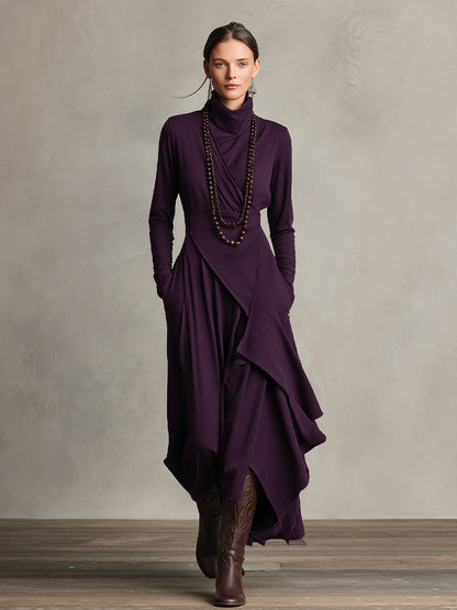 Turtleneck Wrap Front Draped Asymmetrical Hem Knit Pocket Maxi Dress