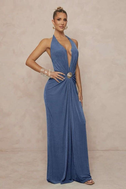 | Deep V Halter Ruched Backless Maxi Dress