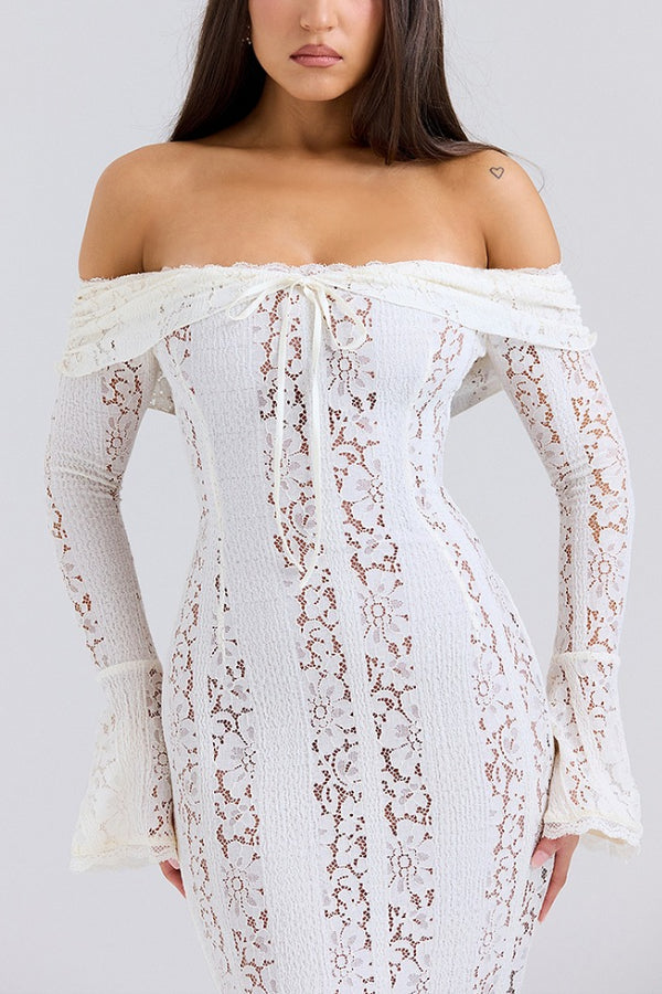 Floral Lace Off Shoulder Bell Sleeve Mermaid Maxi Dress