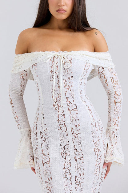 Floral Lace Off Shoulder Bell Sleeve Mermaid Maxi Dress