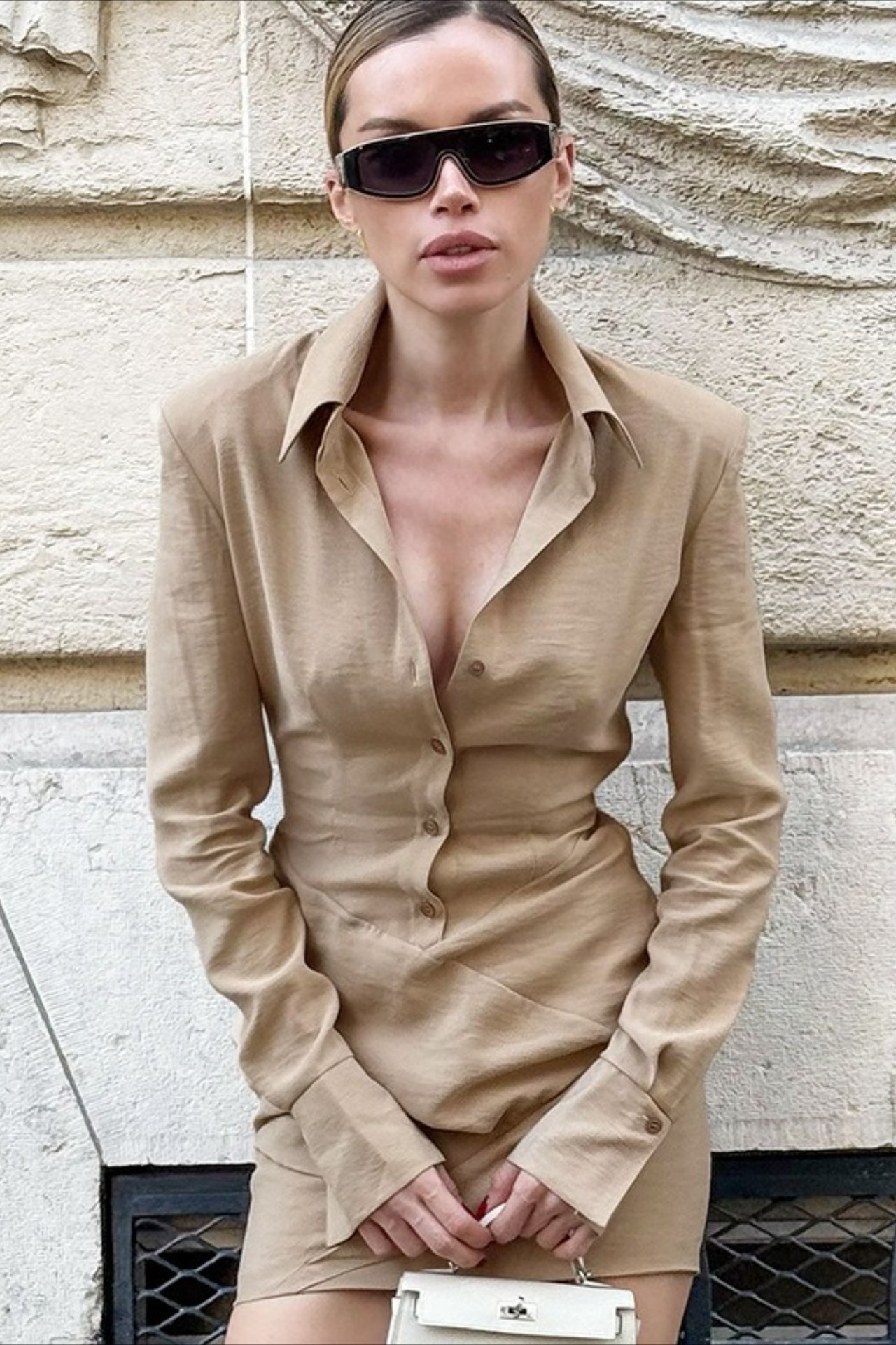 Padded Shoulder Collar Button Front Wrap Asymmetric Shirt Mini Dress