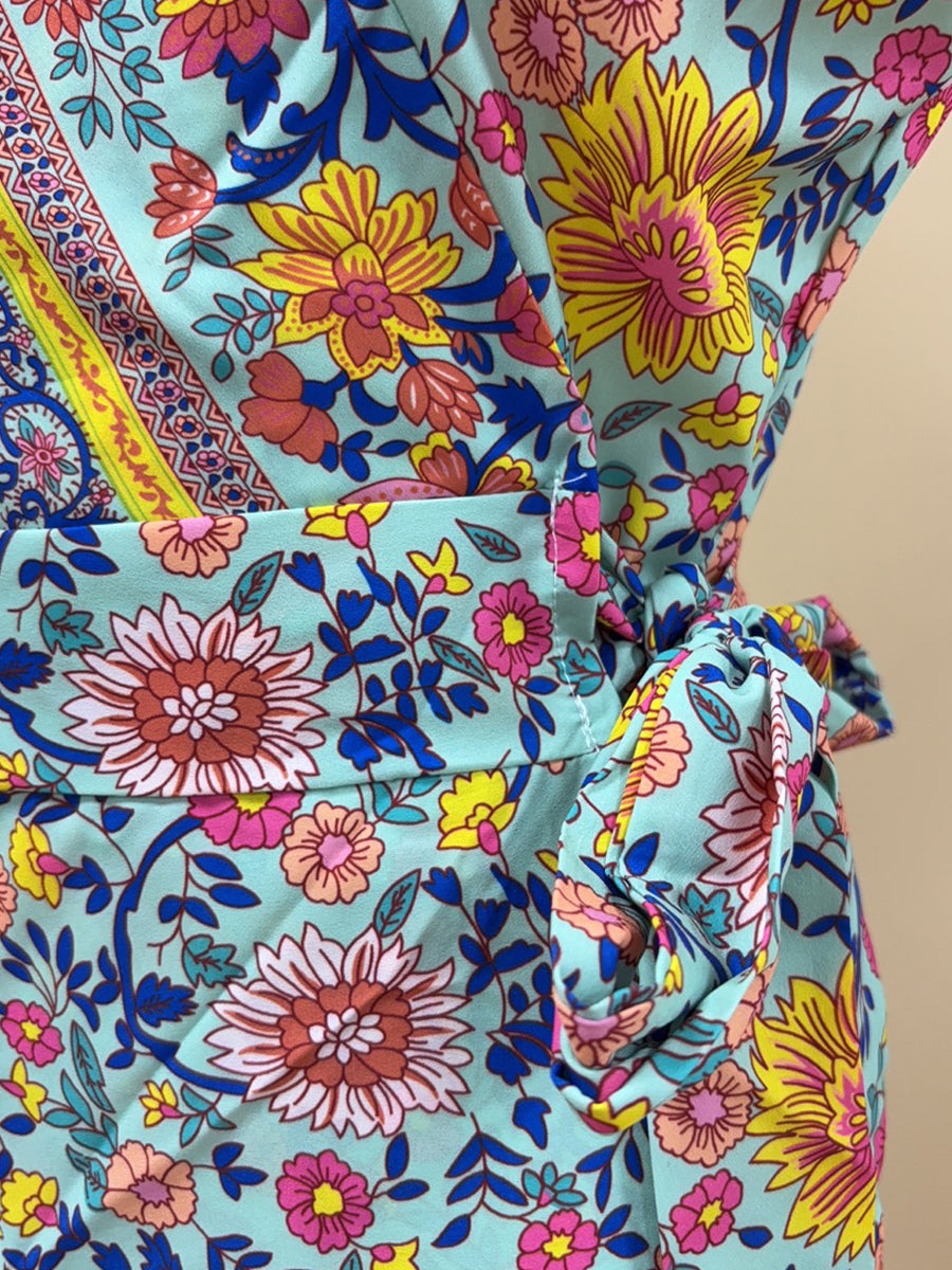 Boho Floral Wrap Maxi Dress - Blue V Neck High Split Long Dress - Summer Beach Vacation 2026