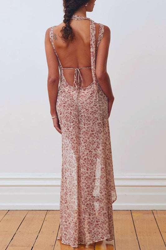 Ditsy Floral Halter Tie Back Open Back Maxi Dress