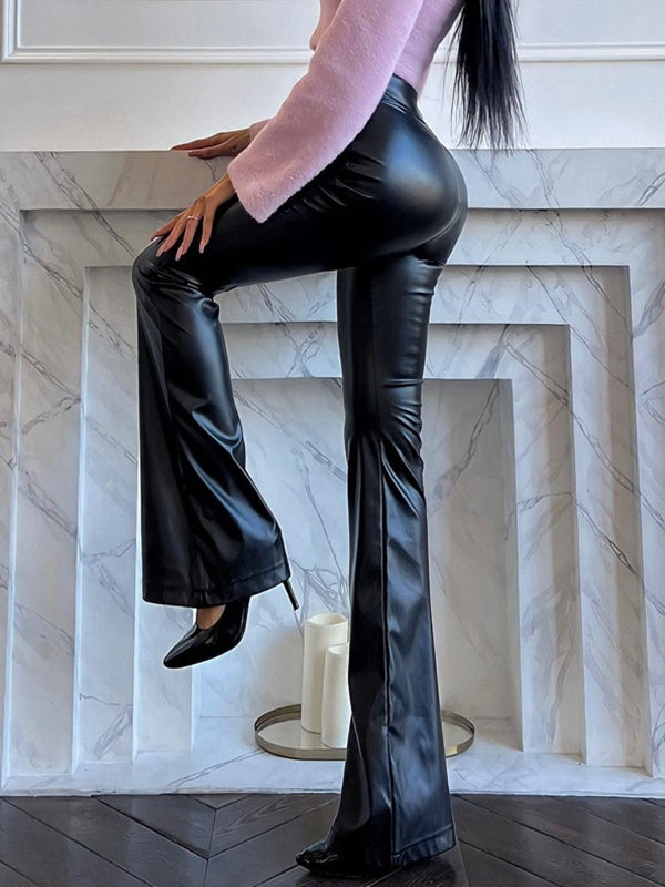 Pu Leather High Rise Flared Leather Pants