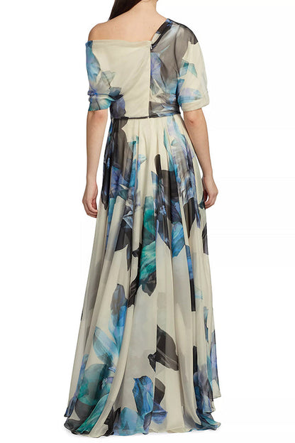 Floral Print One Shoulder Draped Sleeve Belted Pleated Maxi Dress