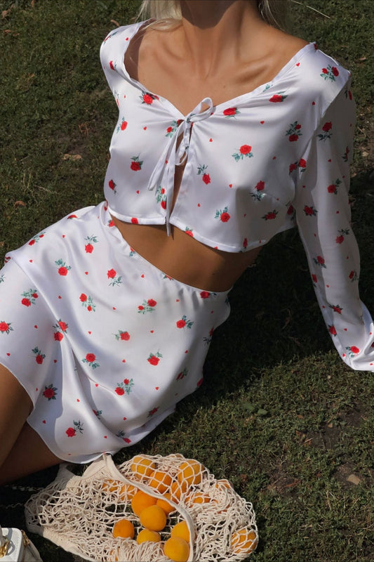 Printed Satin Long Sleeve Cardigan Skirt Two Piece Set