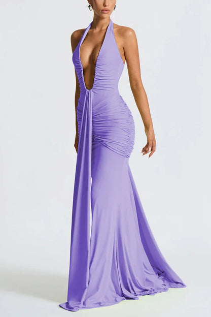 Solid Color Elegant Halterneck V-neck Open Back Tie Gathered Maxi Dress