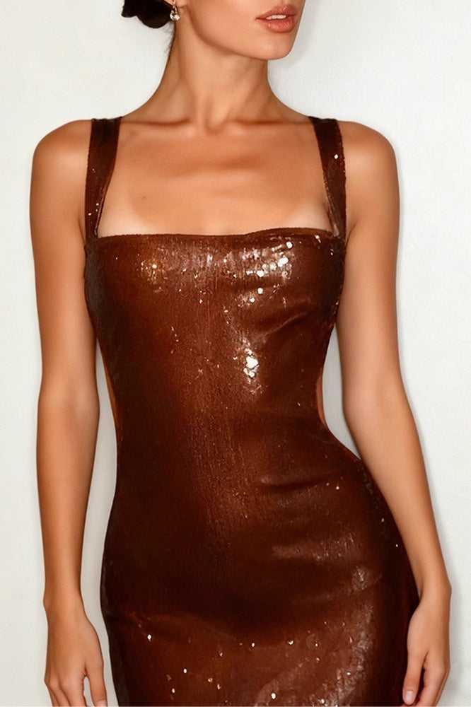 Square Neck Thick Strap Sequin Side Cut Out Bodycon Midi Dress