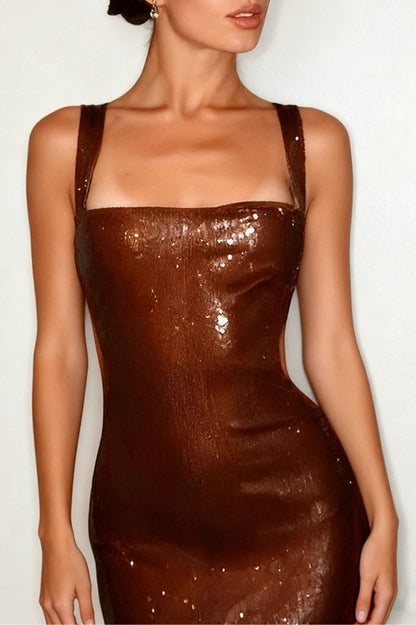Square Neck Thick Strap Sequin Side Cut Out Bodycon Midi Dress