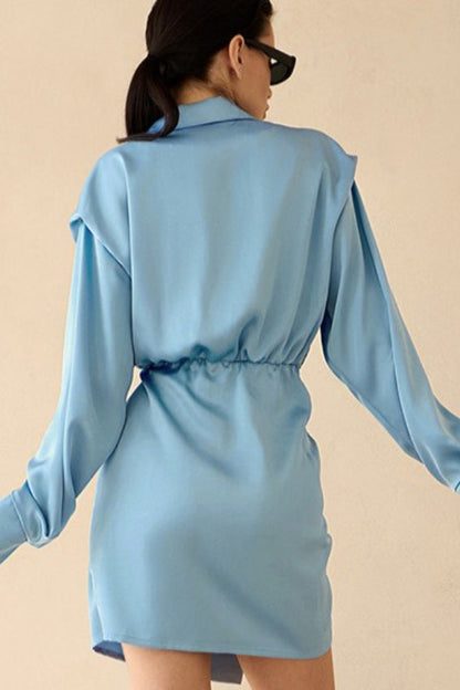 Collared Wrap Tie Waist Padded Shoulder Wide Cuff Satin Mini Dress