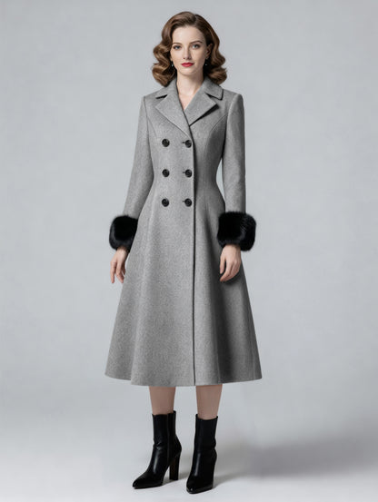 Wool Blend Double-breasted Midi Flared Coat with black Faux Fur Cuffs For Women 2026