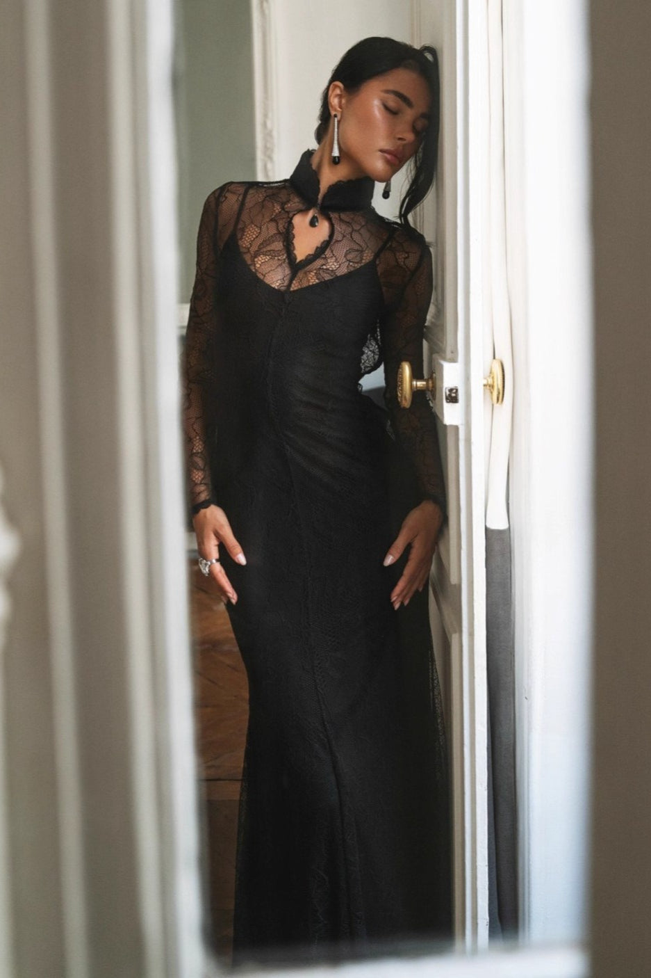 | Lace Patchwork Fitted Cutout Maxi Dress