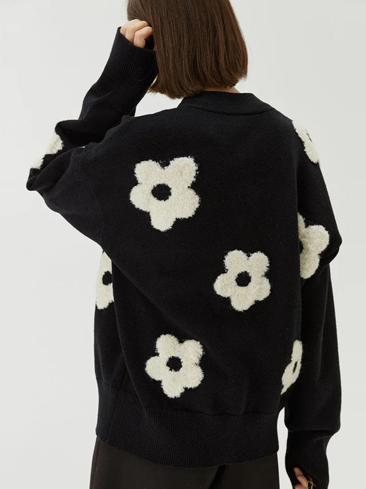 Jacquard Knit V-Neck Cardigan