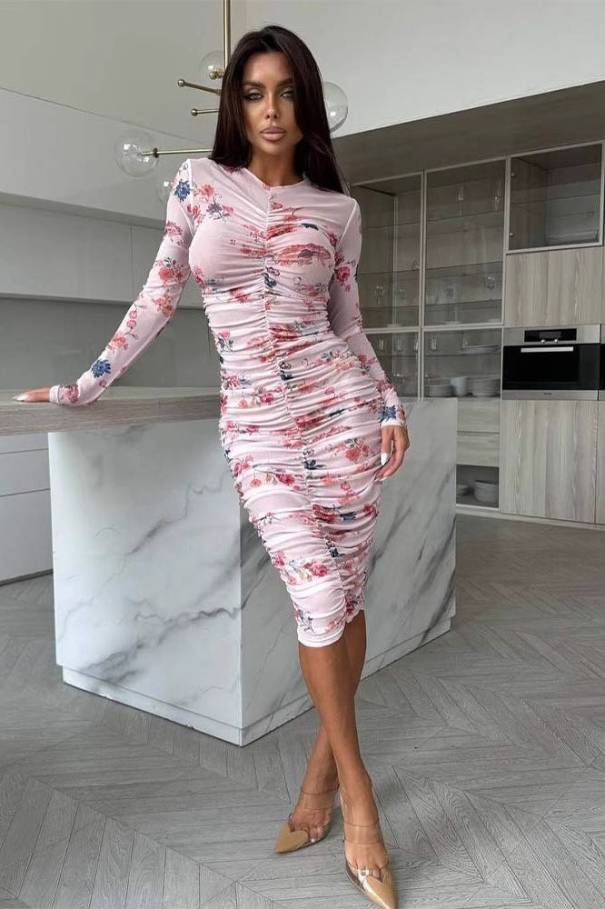 Mock Neck Long Sleeve Ruched Floral Bodycon Midi Dress