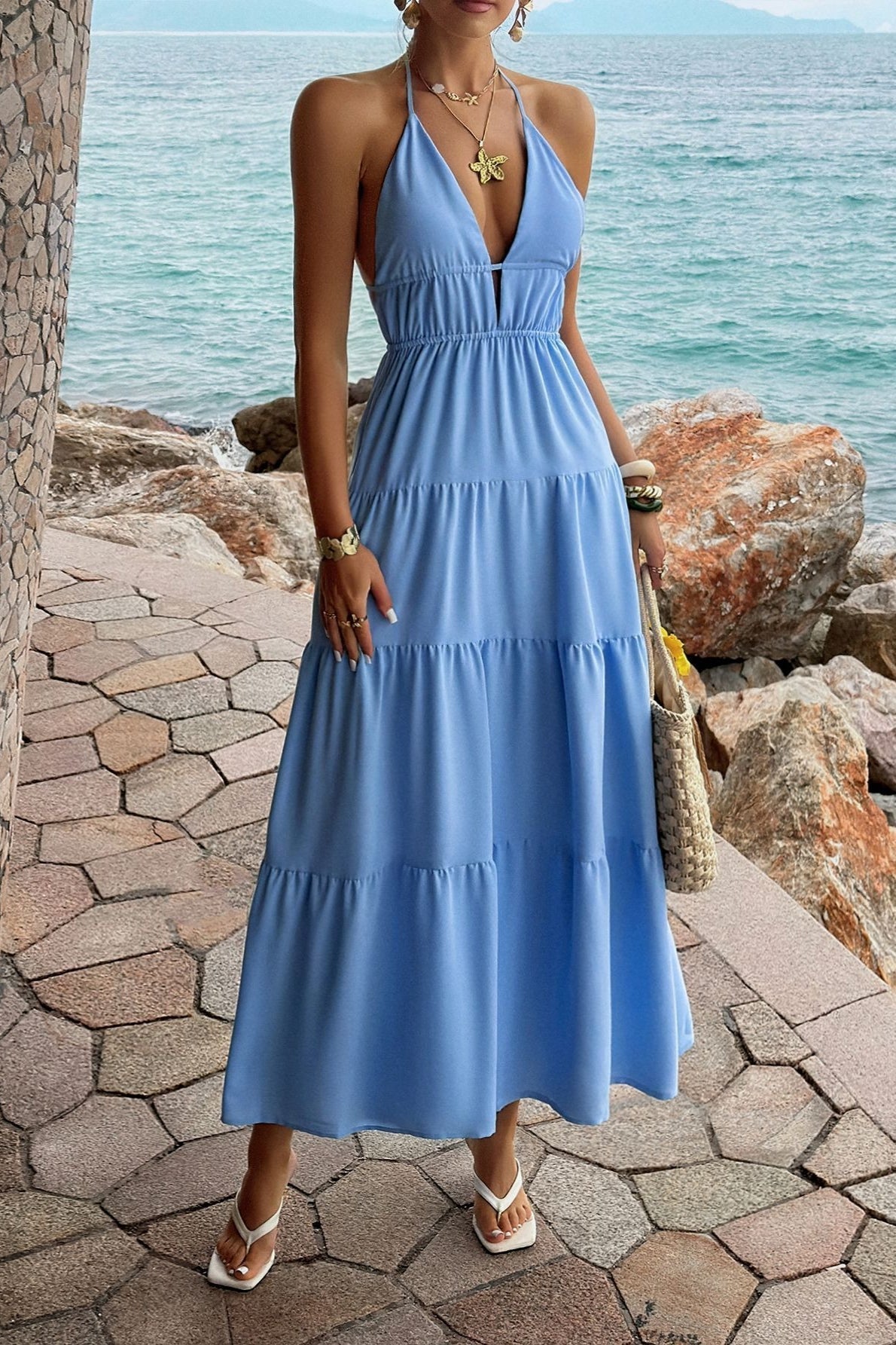 Halter Deep V Neck Smocked Waist Tiered Maxi Dress