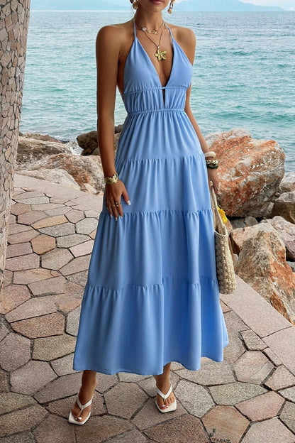 Halter Deep V Neck Smocked Waist Tiered Maxi Dress