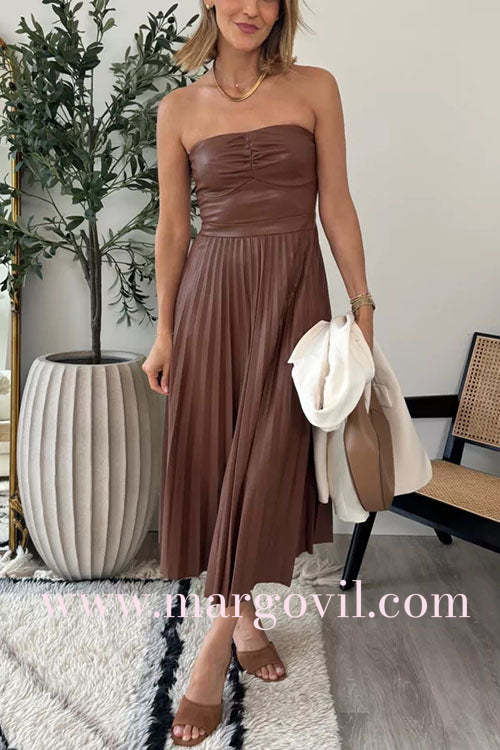 Strapless Pleated Faux Leather Midi Dress(2 Colors Available!)