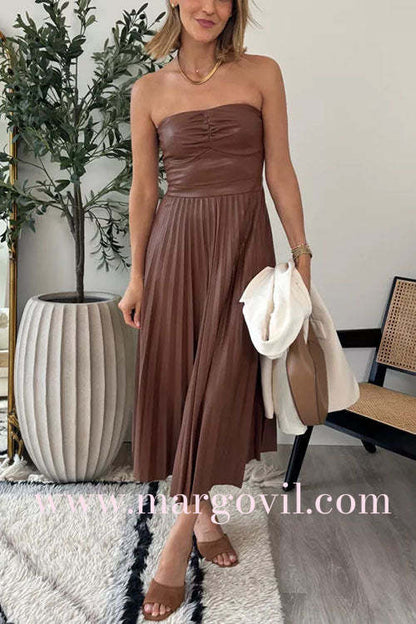 Strapless Pleated Faux Leather Midi Dress(2 Colors Available!)