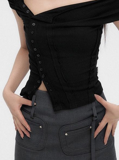 Button Off Shoulder Patchwork Short Sleeve Knits