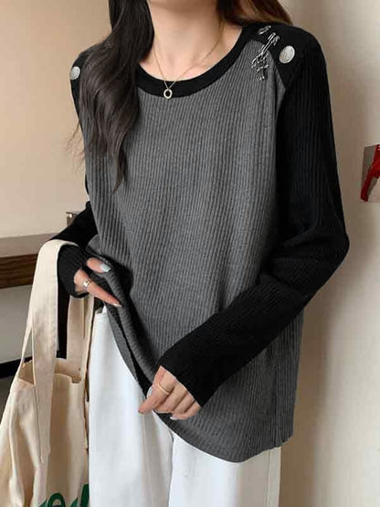 Contrast Color Splice Metal Decor Long Sleeve Knit