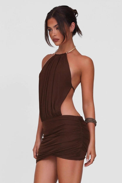 Halter Metal Ring Choker Side Cutout Ruched Bodycon Mini Dress