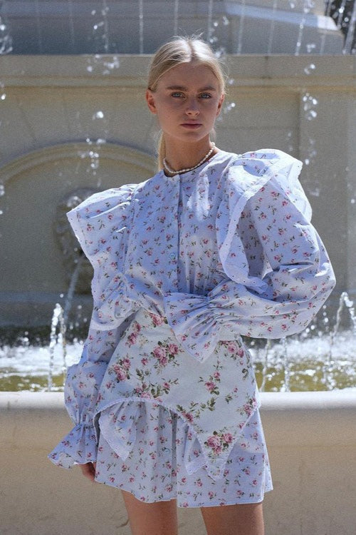 Floral Print Puff Shoulder Ruffle Cuff Blouse and Tiered Ruffle Mini Skirt Set