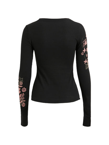 Floral Print Ribbed Slim Long Sleeve Knit