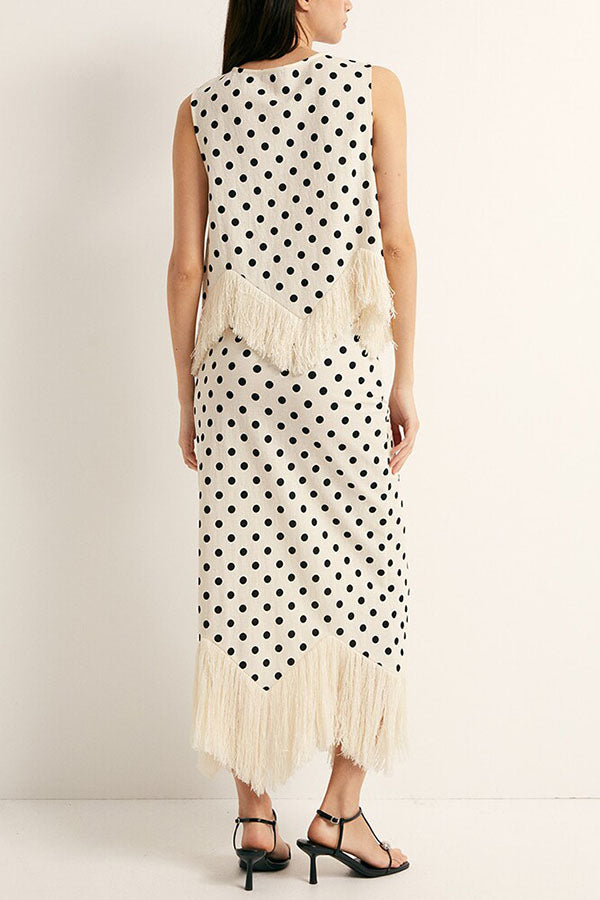 Verrah Linen Blend Polka Dot Print Tassel Trim Loose Tank