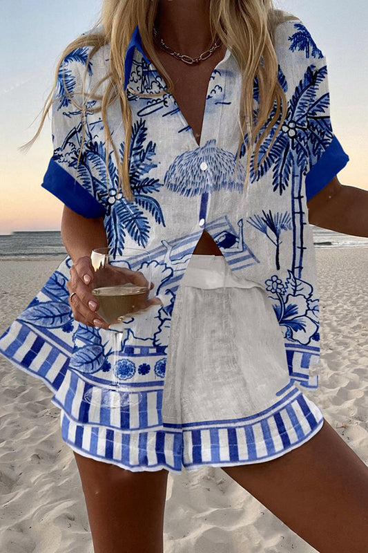 Summer Beach Print Loose Button Elastic Waist Shorts Set