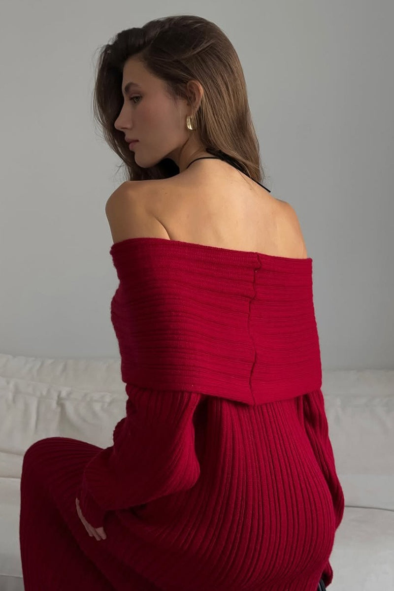| Solid Off Shoulder Bodycon Knit Maxi Dress