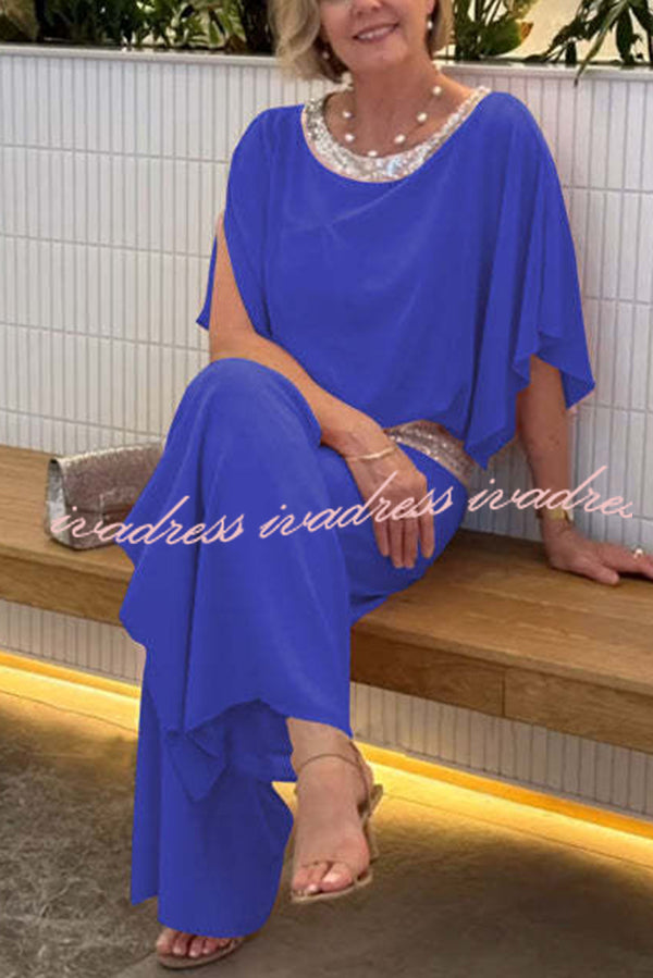 Stylish Sequin Patchwork Dolman Sleeve Top and Elastic Waist Wide Leg Pants Set