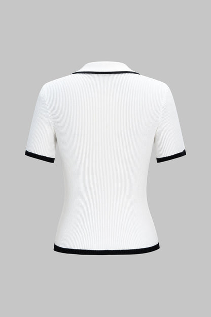 Knit Button Contrast Short-Sleeve Top