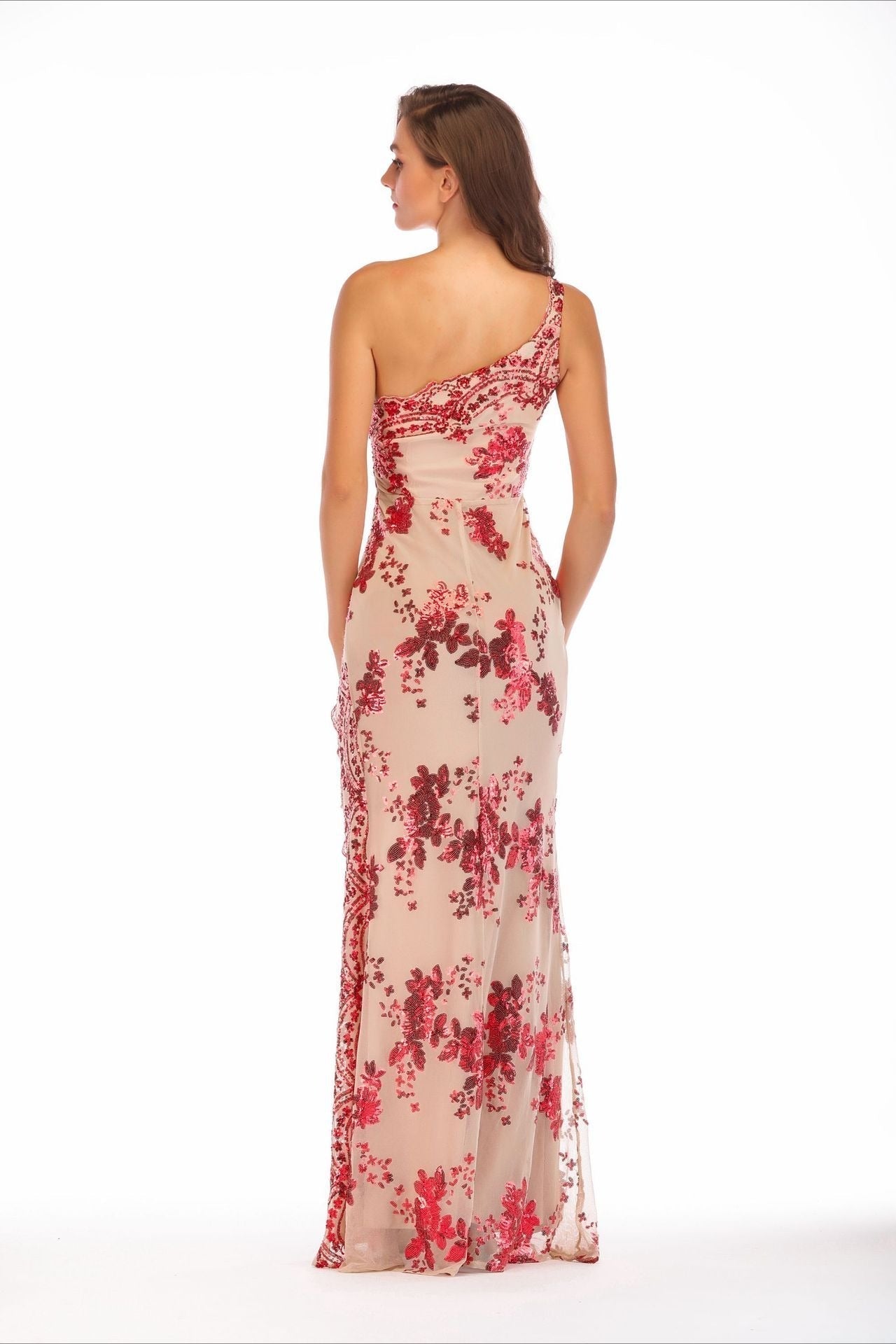 One-Shoulder Sequin Embroidered Mesh High Slit Bodycon Floor-Length Gown
