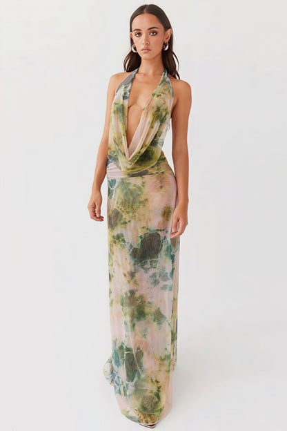 | Watercolor Print Deep V Cowl Neck Backless Maxi Dress