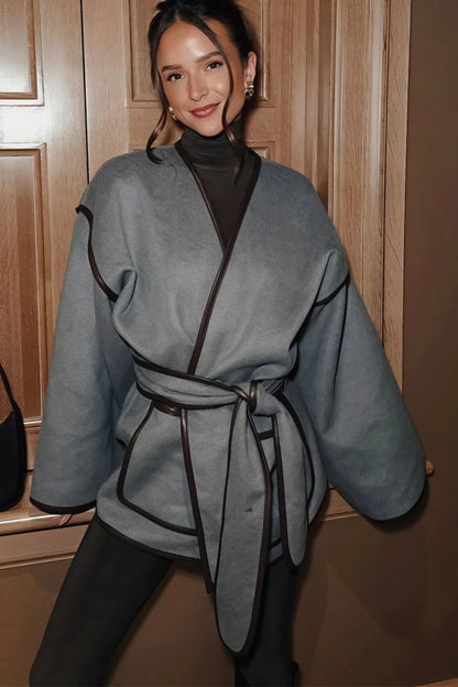 Chic Leather Pieced Two-tone Belted Coat