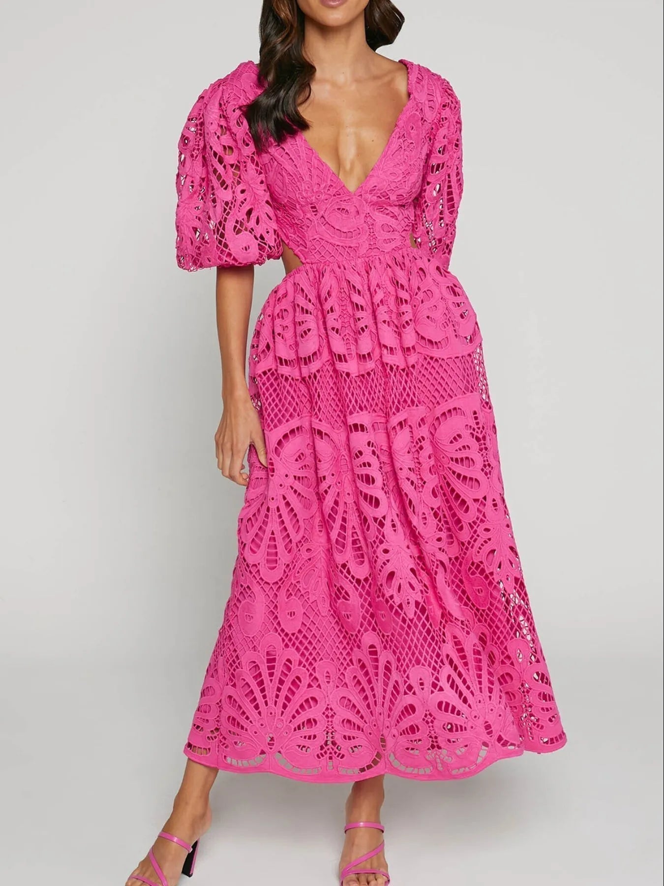 Guipure Lace Puff Sleeve Deep V-Neck Side Cutout Midi Dress