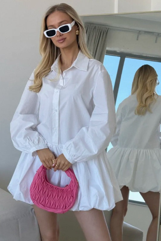 Collared Button Front Puff Sleeve Drop Waist Bubble Hem Mini Shirt Dress