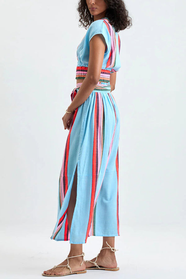 Stylish Striped Print V-neck Cropped Top and Elastic Waist Casual Maxi Skirt Set