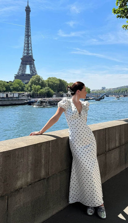 Polka Dot Puff Sleeve Deep V-Neck Bodycon Maxi Dress