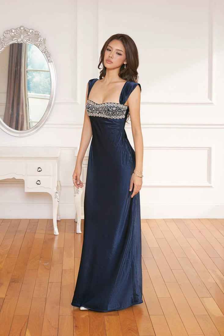 | Patchwork Rhinestone Ruched Maxi Dress