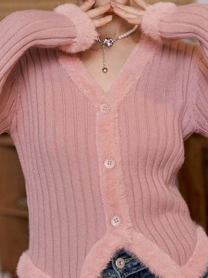 Solid V Neck Fuzzy Trim Slim Ribbed Knit Cardigan