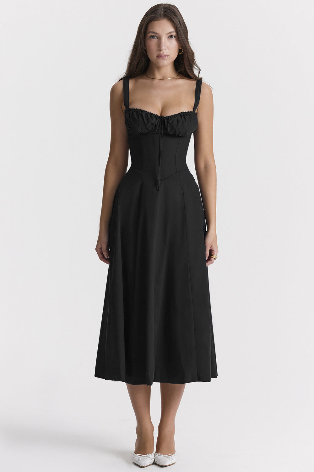 Corset Bodice Ruched Bust Tie-Front Flared Strap Midi Dress