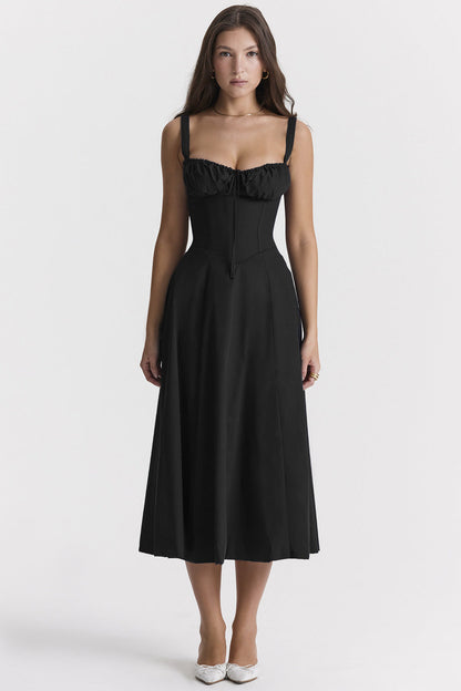 Corset Bodice Ruched Bust Tie-Front Flared Strap Midi Dress