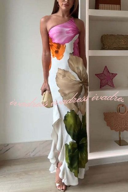 Love Filled Floral Print One Shoulder Side Ruffles Maxi Slip Dress