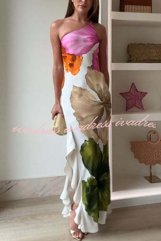 Love Filled Floral Print One Shoulder Side Ruffles Maxi Slip Dress